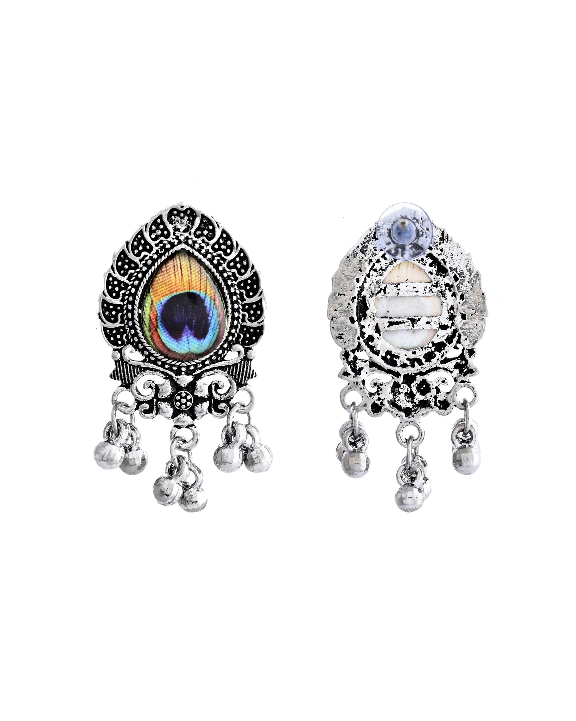 VOJ Silver Toned Peacock Printed Choker Necklace With Earrings Set