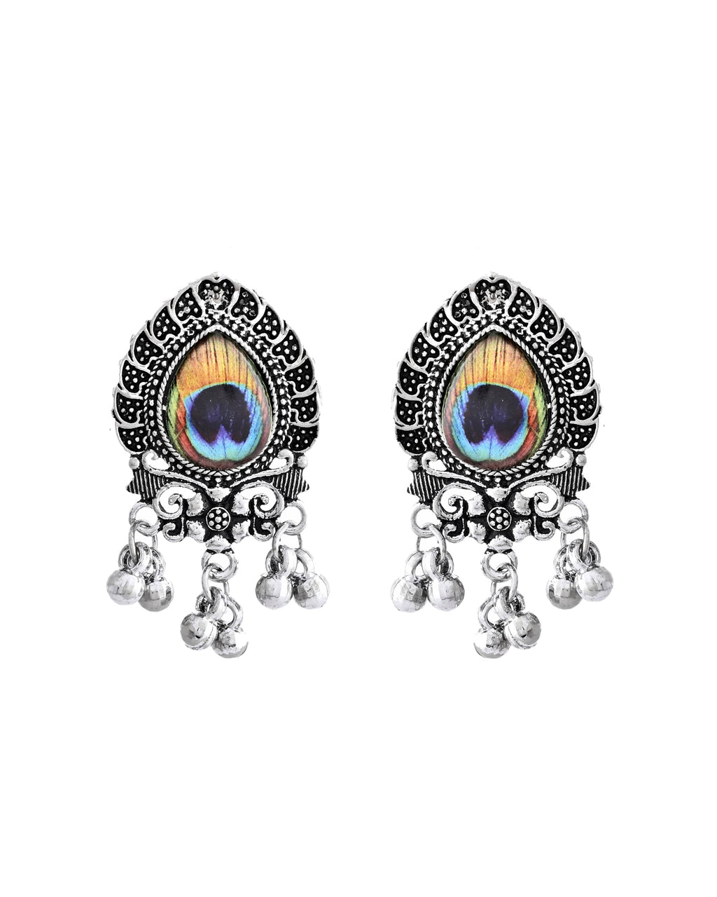 VOJ Silver Toned Peacock Printed Choker Necklace With Earrings Set