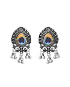 VOJ Silver Toned Peacock Printed Choker Necklace With Earrings Set