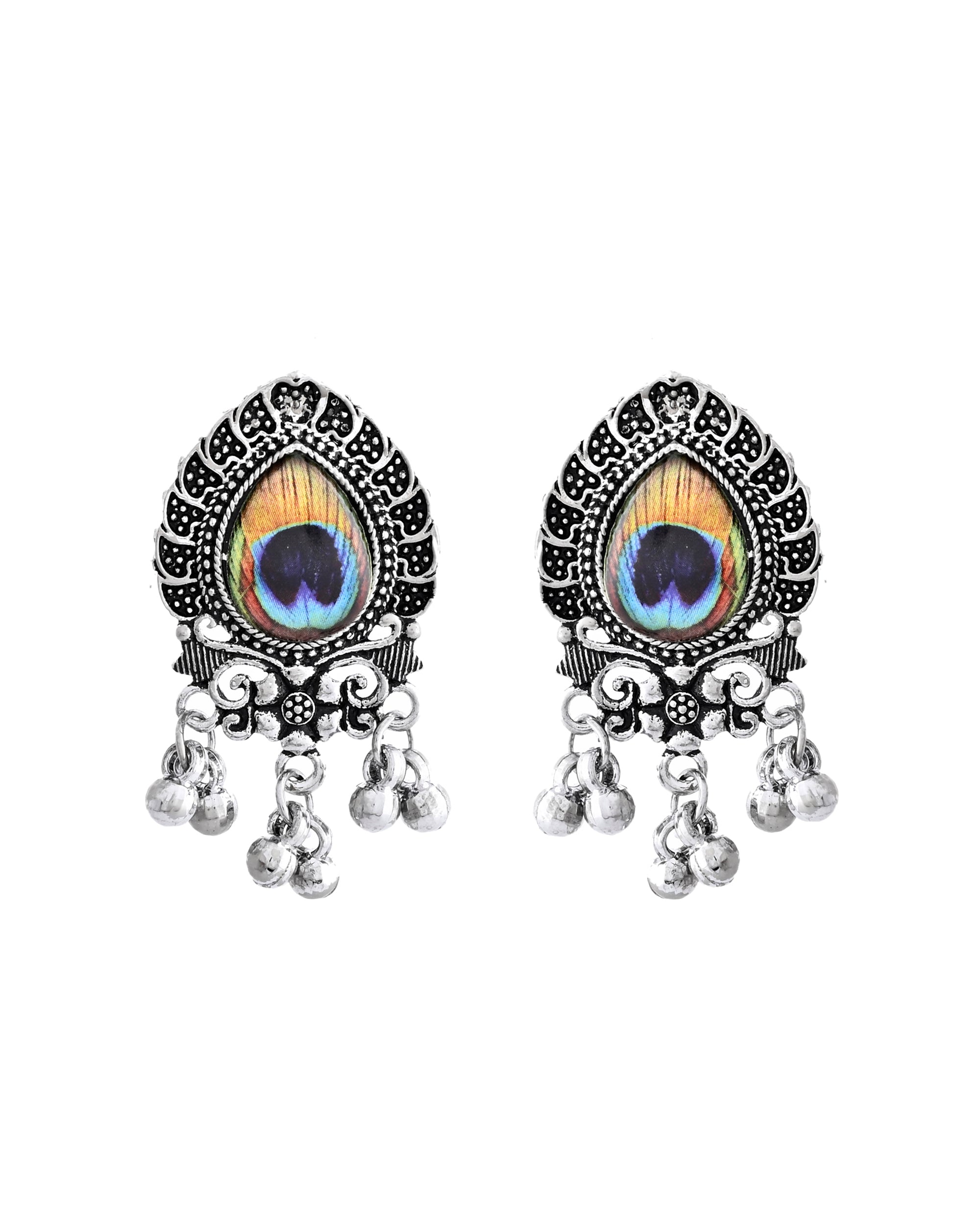 VOJ Silver Toned Peacock Printed Choker Necklace With Earrings Set