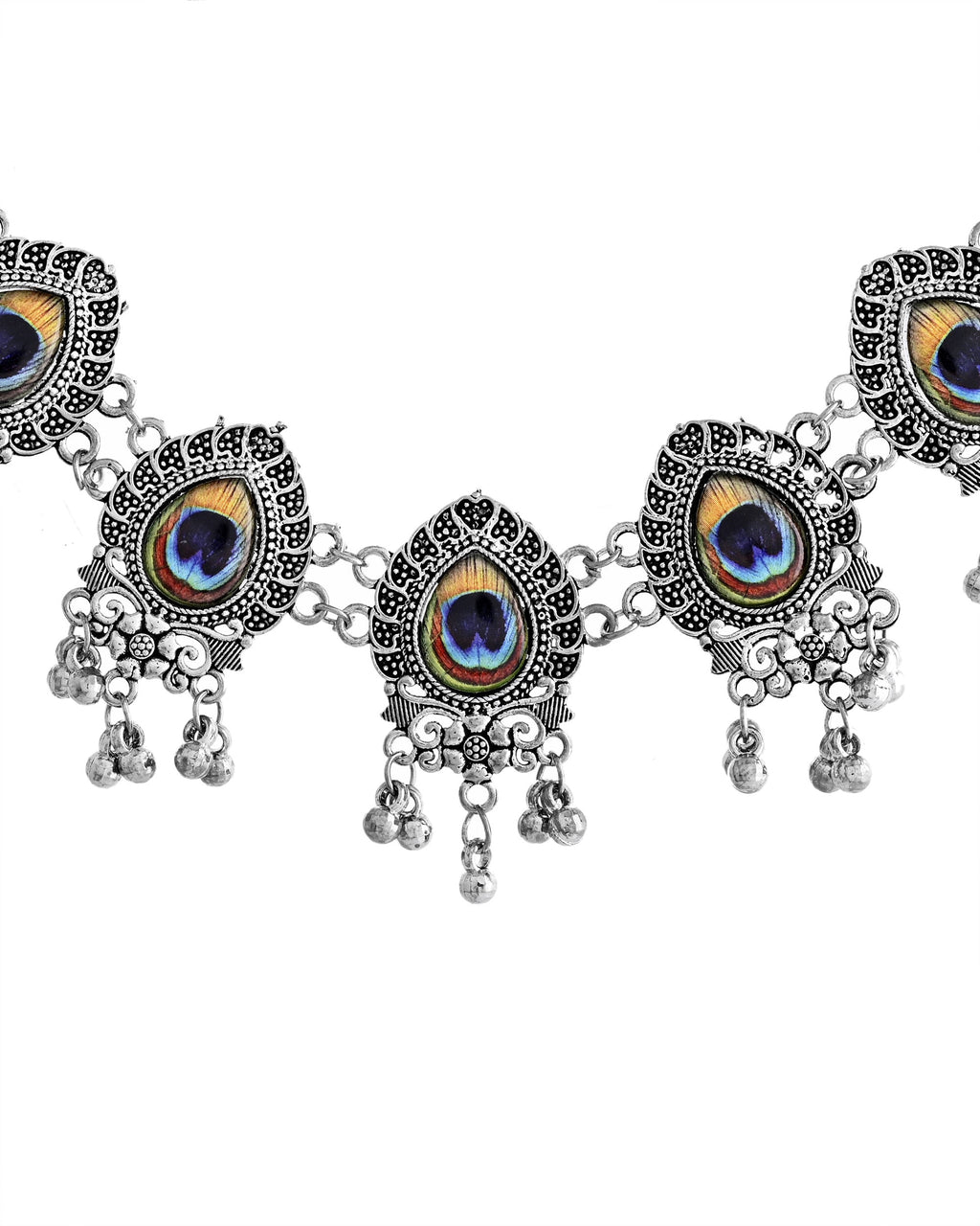 VOJ Silver Toned Peacock Printed Choker Necklace With Earrings Set