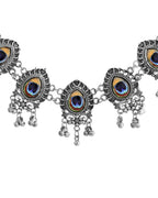 VOJ Silver Toned Peacock Printed Choker Necklace With Earrings Set