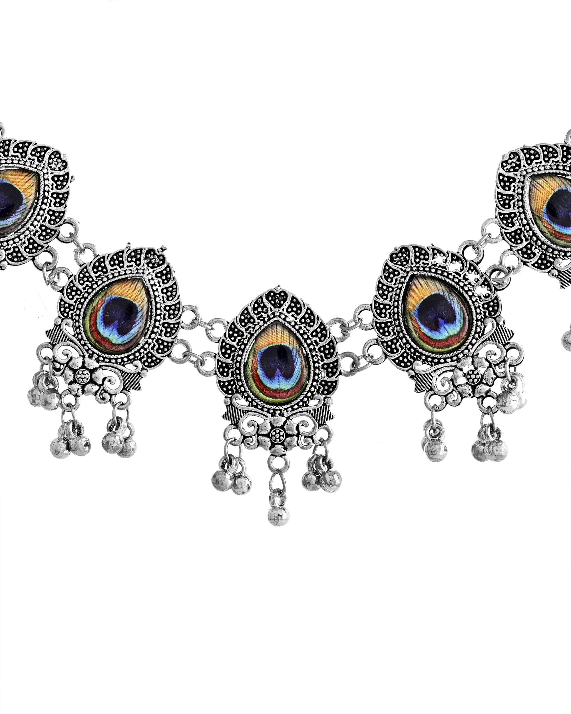 VOJ Silver Toned Peacock Printed Choker Necklace With Earrings Set