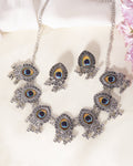 VOJ Silver Toned Peacock Printed Choker Necklace With Earrings Set