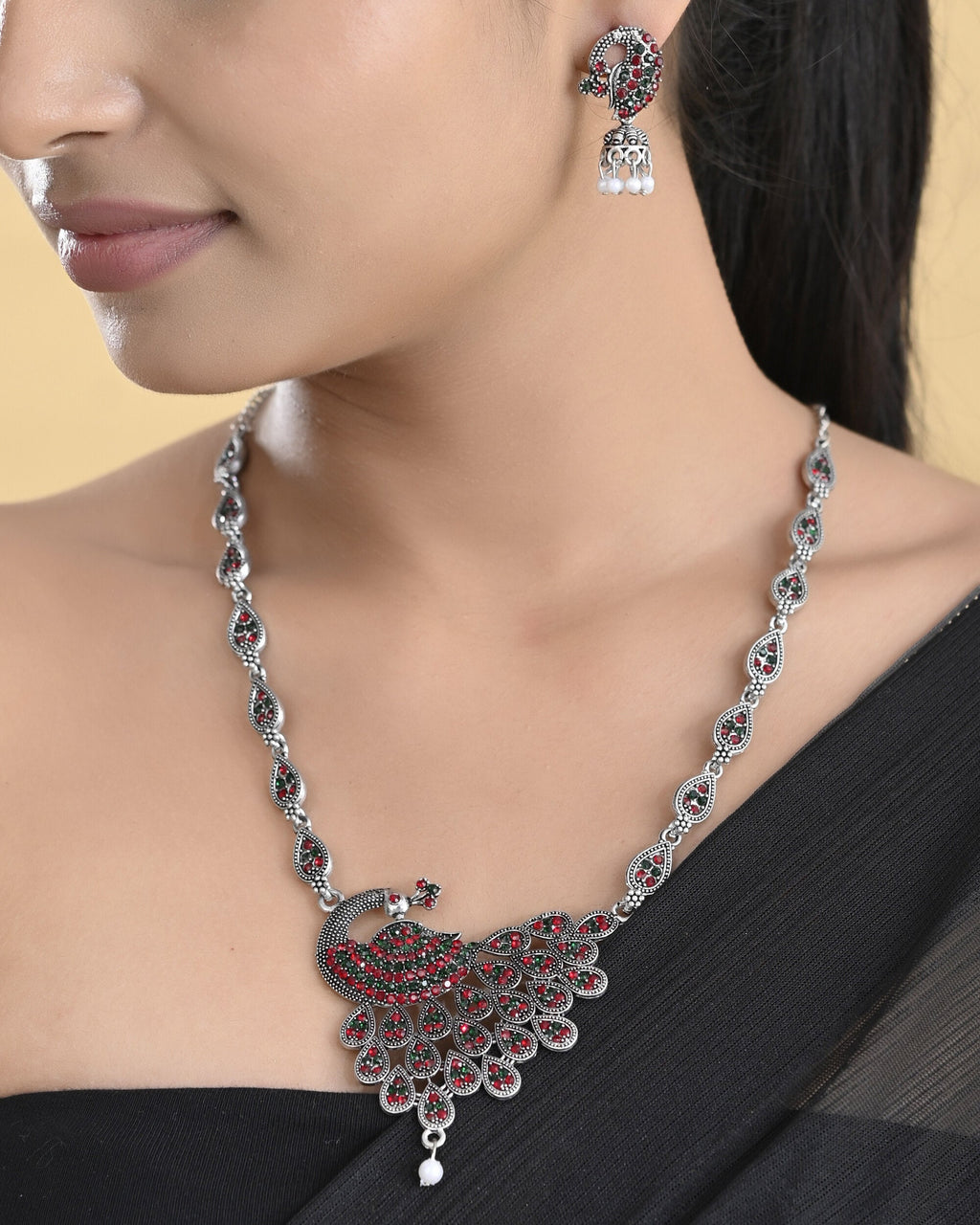 VOJ Silver Plated Peacock Shaped Multi Color Stone Studded Jewellery Set