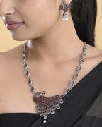 VOJ Silver Plated Peacock Shaped Multi Color Stone Studded Jewellery Set