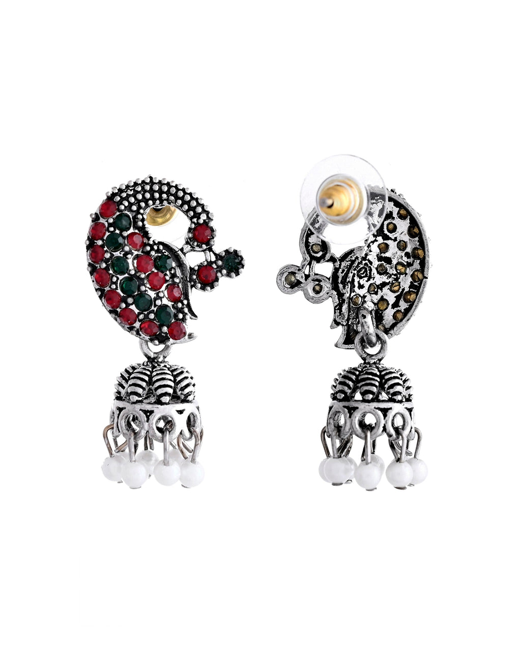 VOJ Silver Plated Peacock Shaped Multi Color Stone Studded Jewellery Set