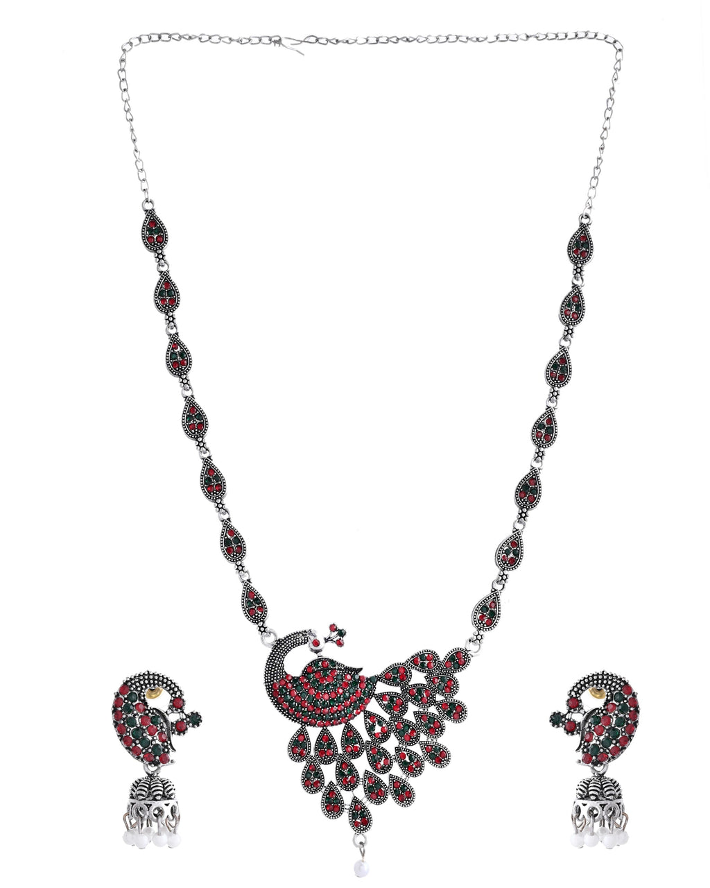 VOJ Silver Plated Peacock Shaped Multi Color Stone Studded Jewellery Set