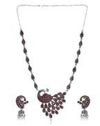 VOJ Silver Plated Peacock Shaped Multi Color Stone Studded Jewellery Set