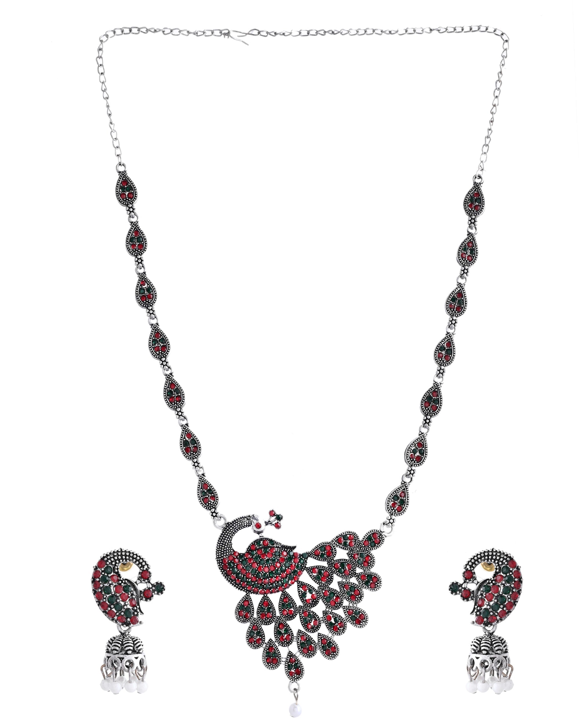 VOJ Silver Plated Peacock Shaped Multi Color Stone Studded Jewellery Set