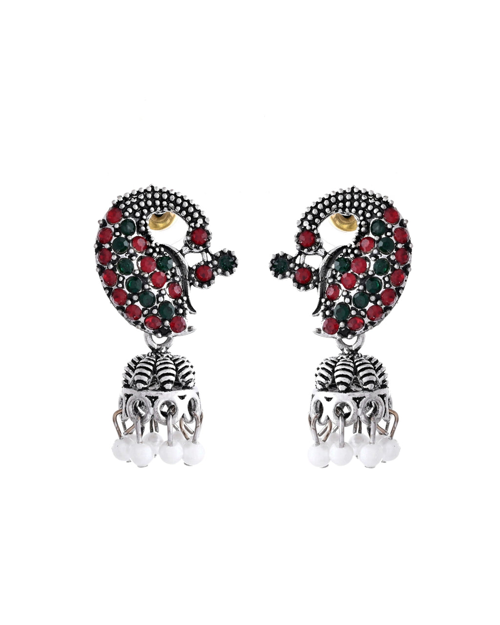 VOJ Silver Plated Peacock Shaped Multi Color Stone Studded Jewellery Set