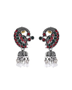 VOJ Silver Plated Peacock Shaped Multi Color Stone Studded Jewellery Set
