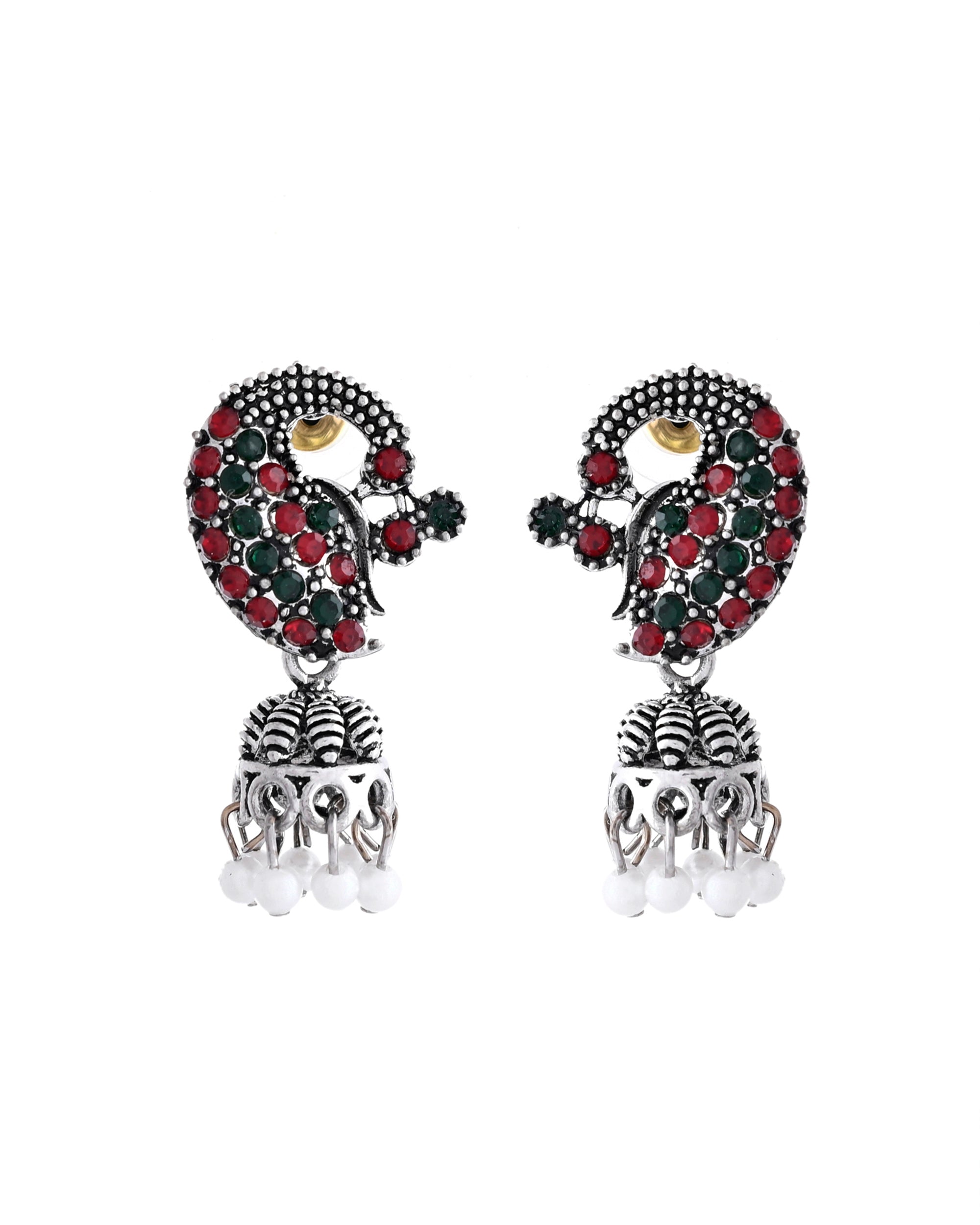 VOJ Silver Plated Peacock Shaped Multi Color Stone Studded Jewellery Set