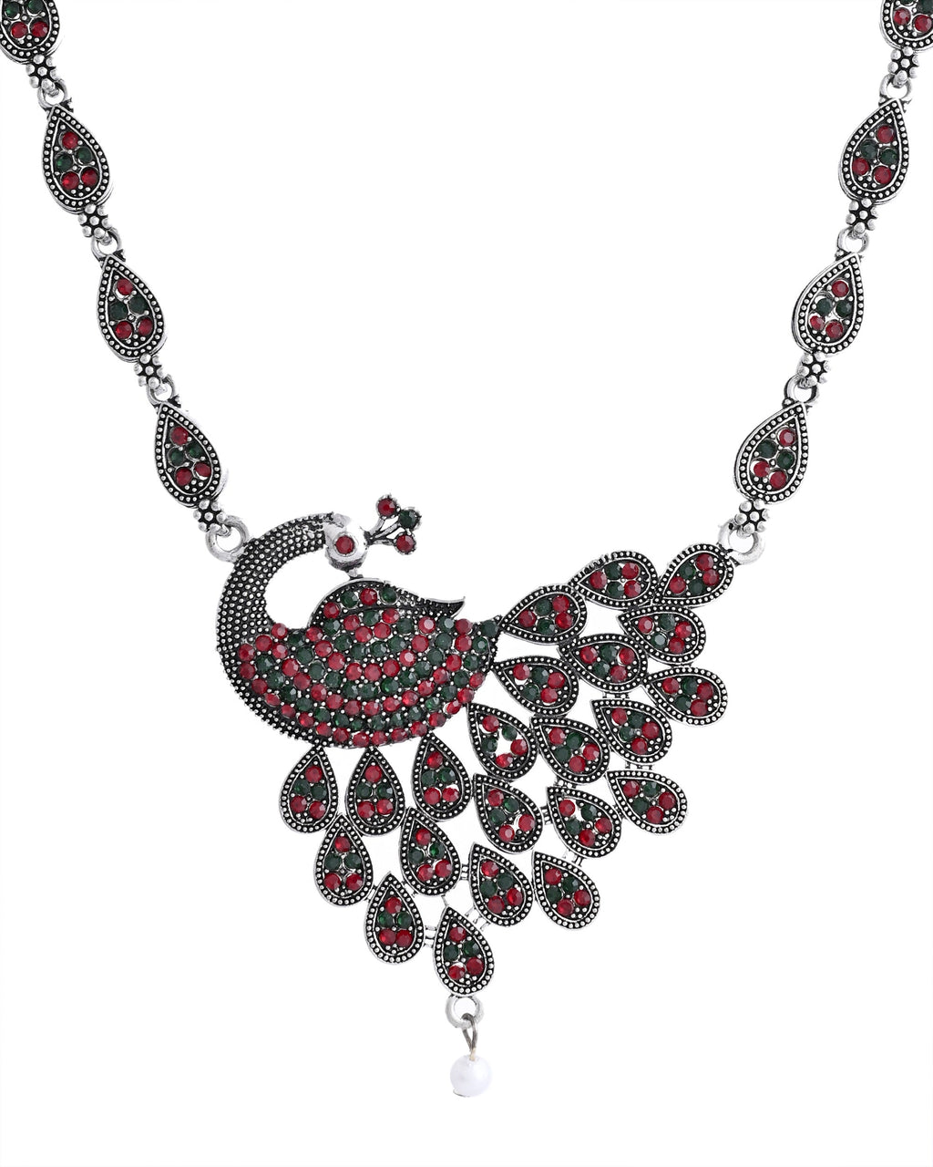 VOJ Silver Plated Peacock Shaped Multi Color Stone Studded Jewellery Set