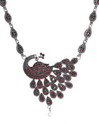 VOJ Silver Plated Peacock Shaped Multi Color Stone Studded Jewellery Set