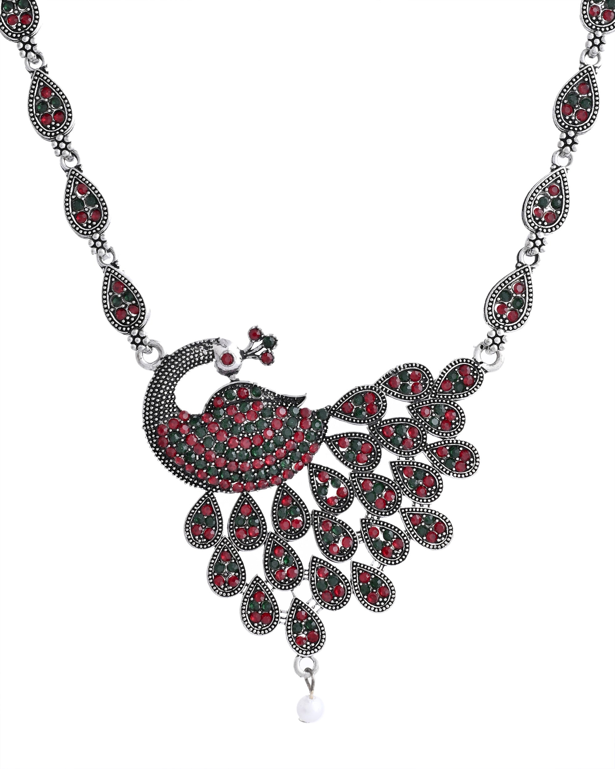 VOJ Silver Plated Peacock Shaped Multi Color Stone Studded Jewellery Set