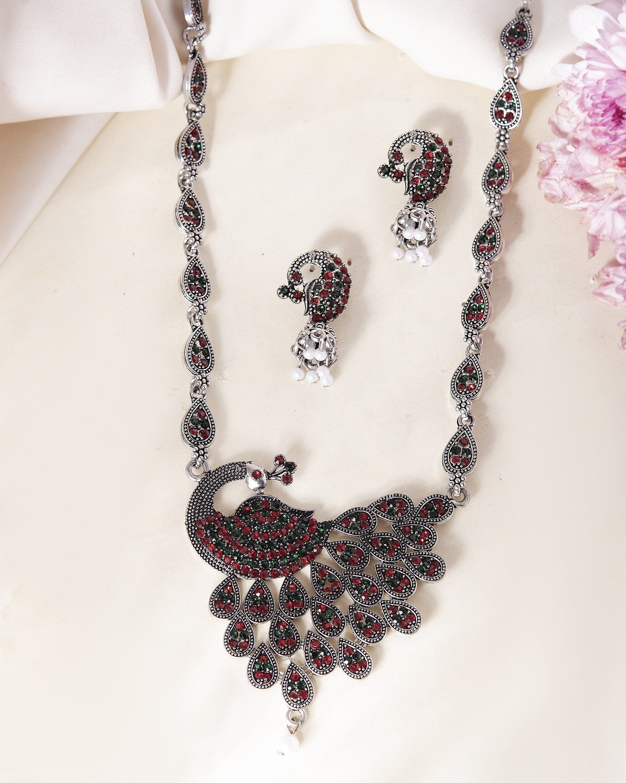 VOJ Silver Plated Peacock Shaped Multi Color Stone Studded Jewellery Set