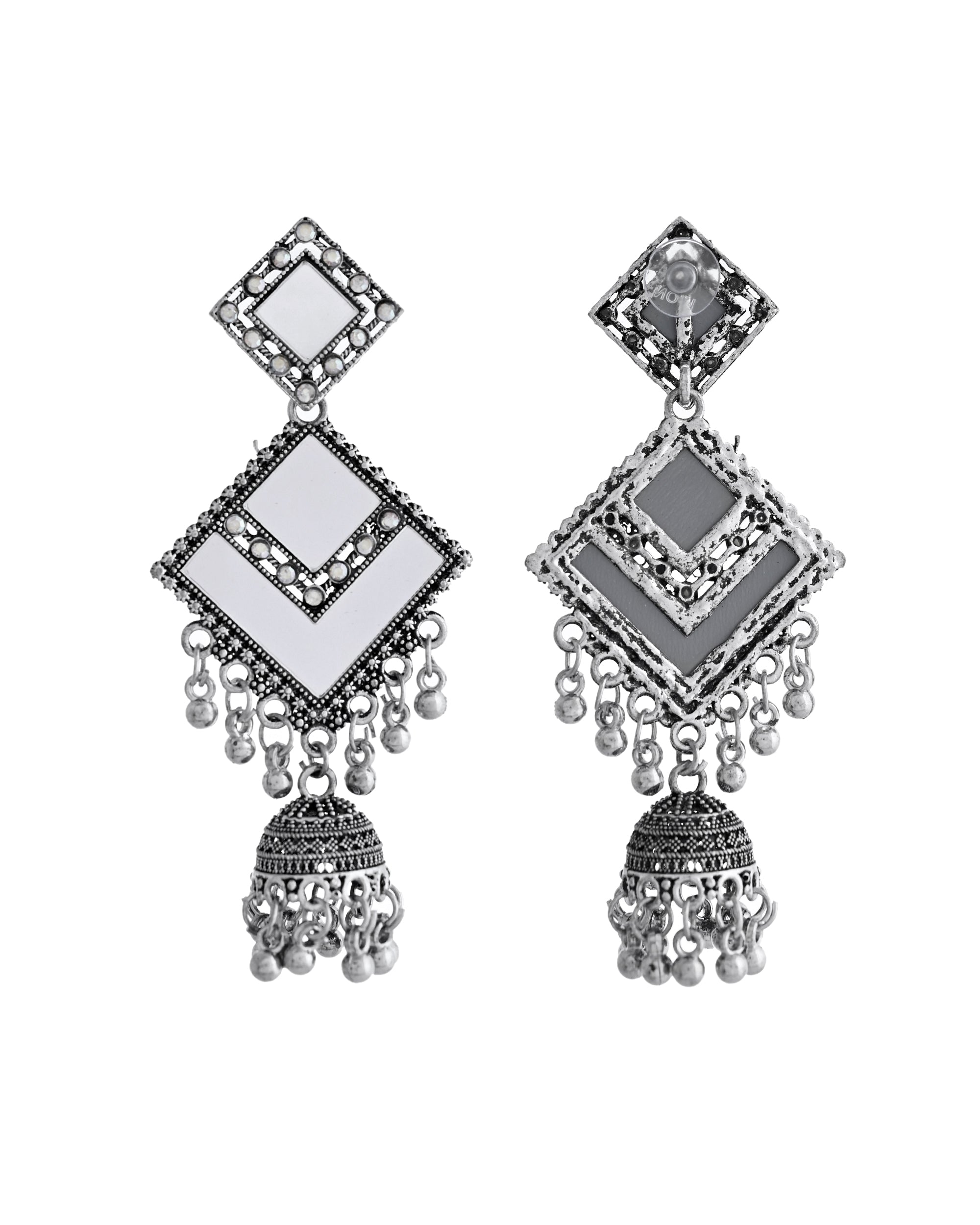 VOJ Silver Plated Mirror Studded Square Shaped Earrings - Distacart