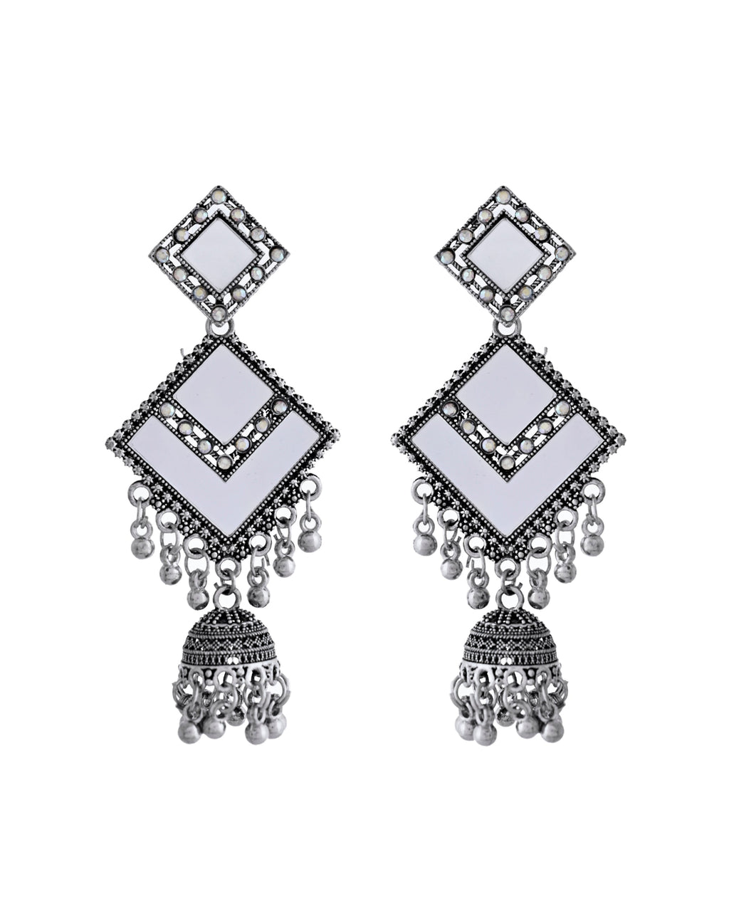 VOJ Silver Plated Mirror Studded Square Shaped Earrings - Distacart
