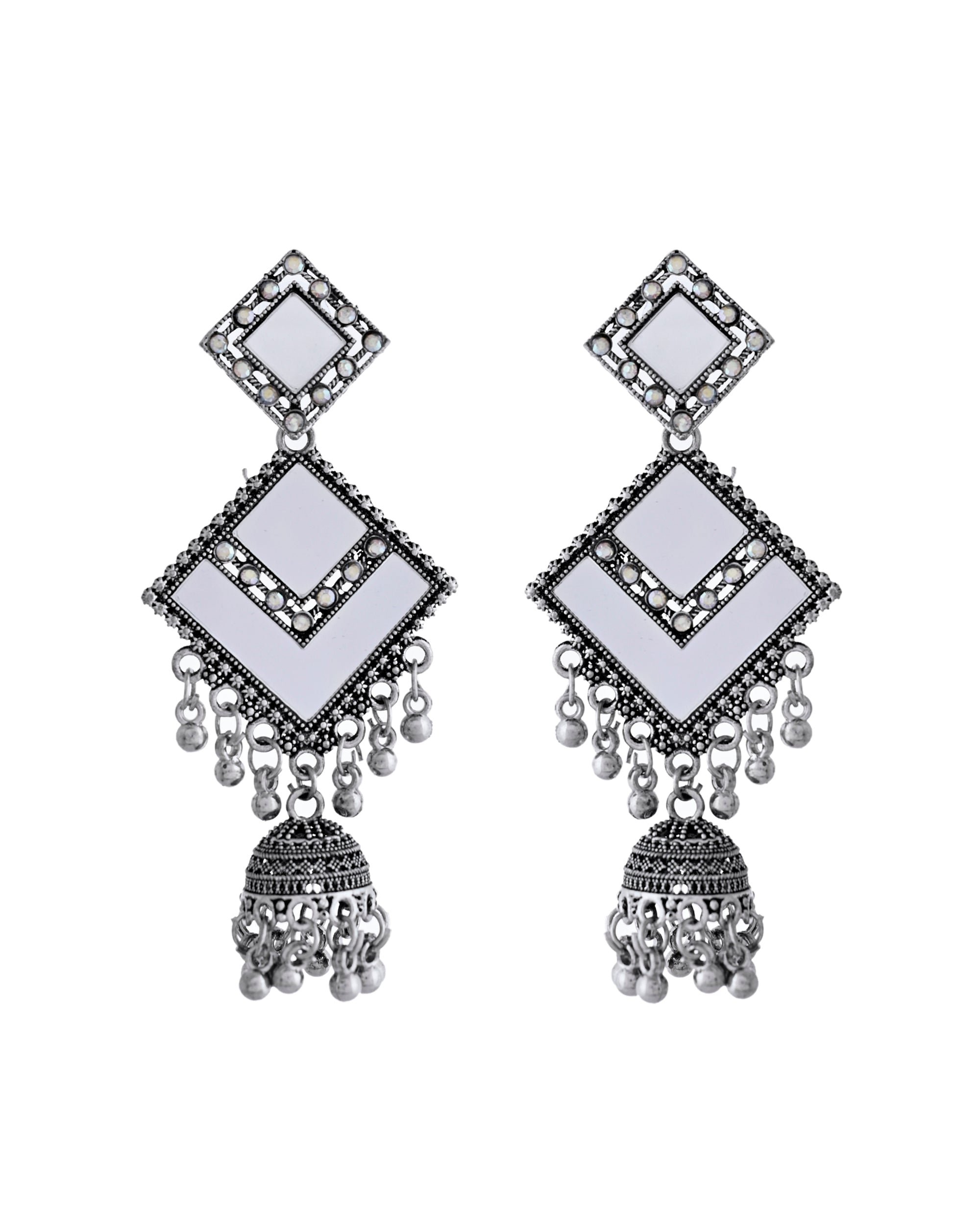 VOJ Silver Plated Mirror Studded Square Shaped Earrings - Distacart