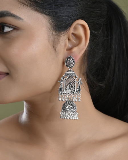 VOJ Silver Plated Oxidized Temple Long Earrings