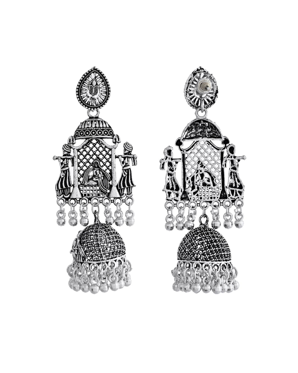VOJ Silver Plated Oxidized Temple Long Earrings - Distacart