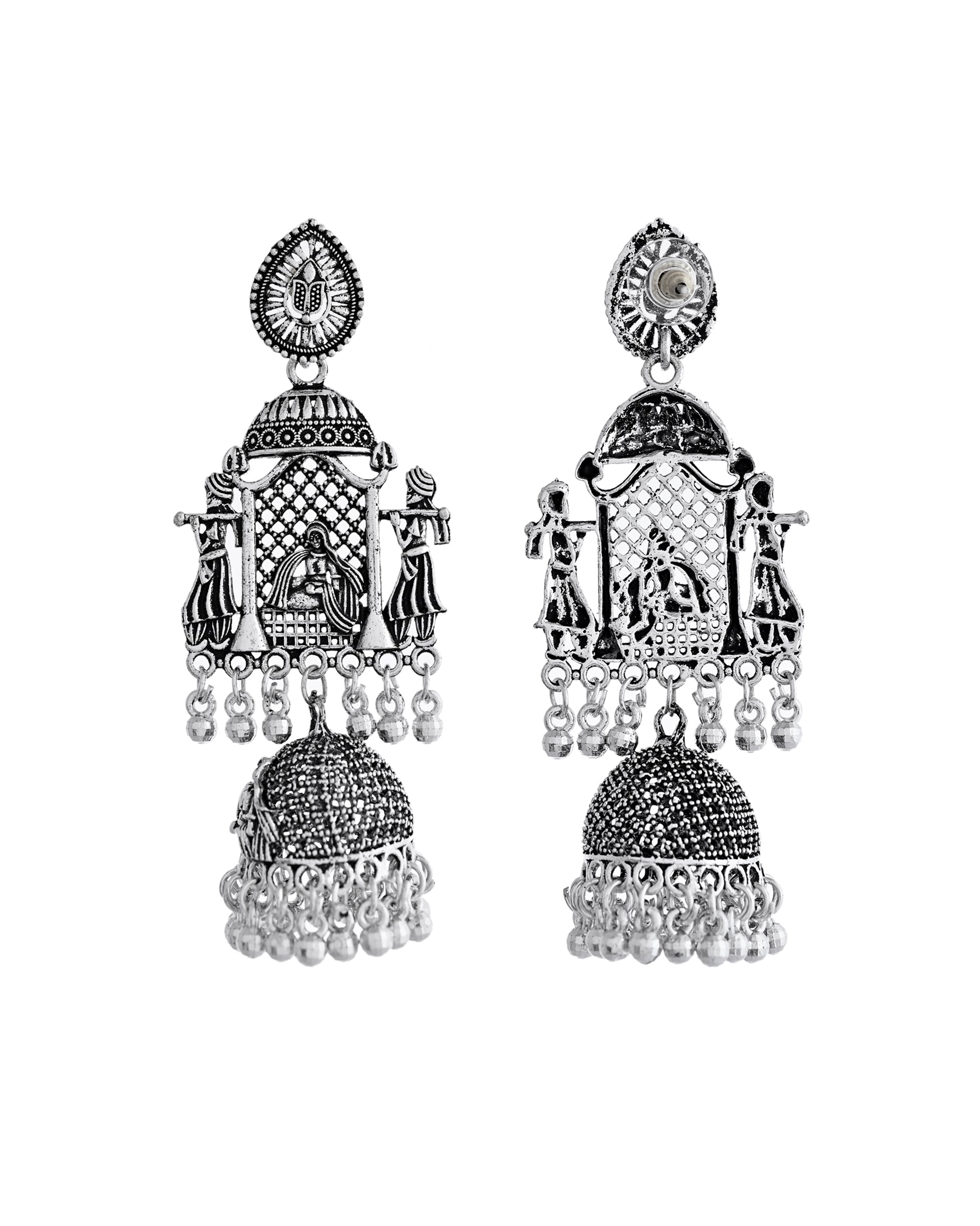 VOJ Silver Plated Oxidized Temple Long Earrings - Distacart