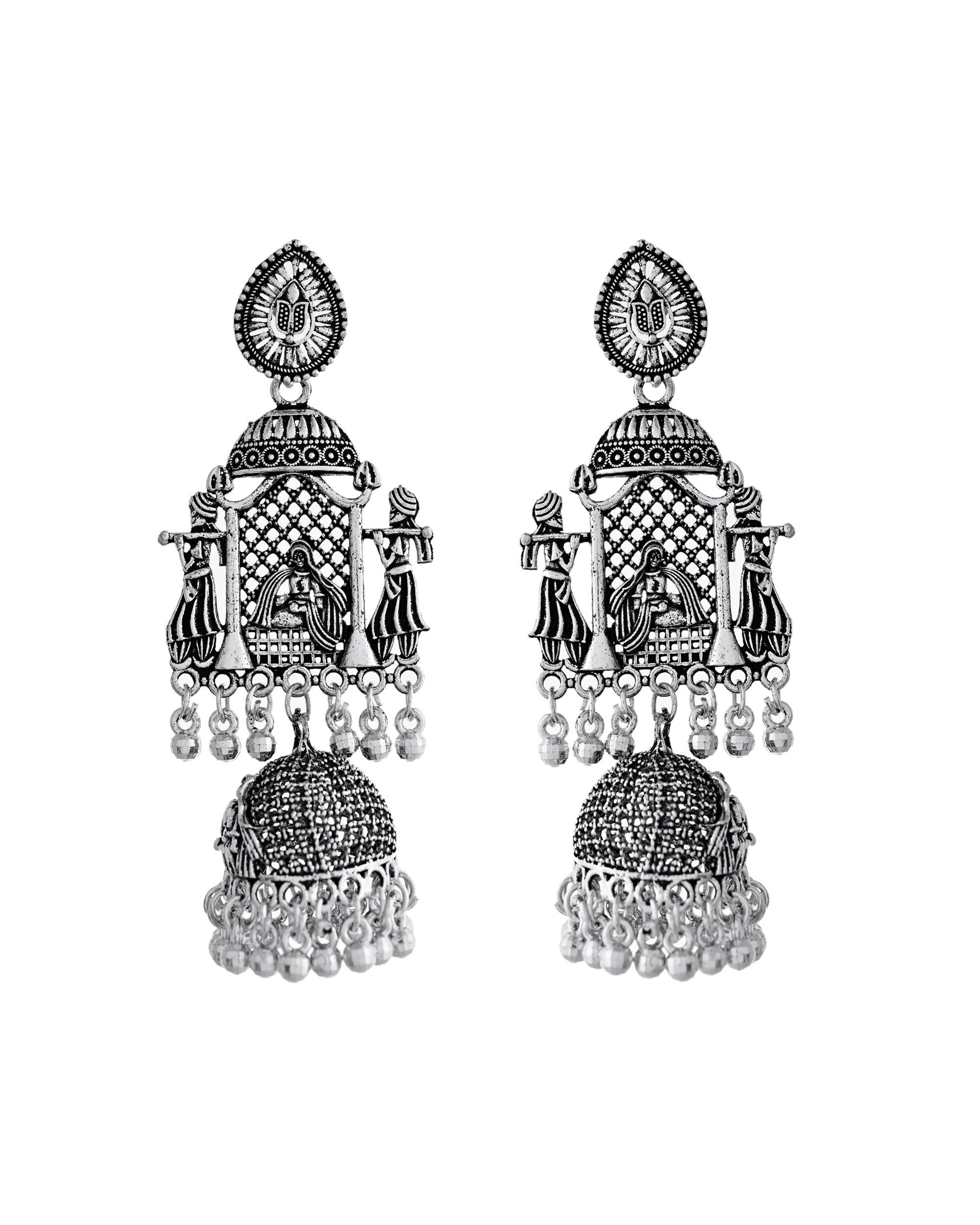 VOJ Silver Plated Oxidized Temple Long Earrings - Distacart