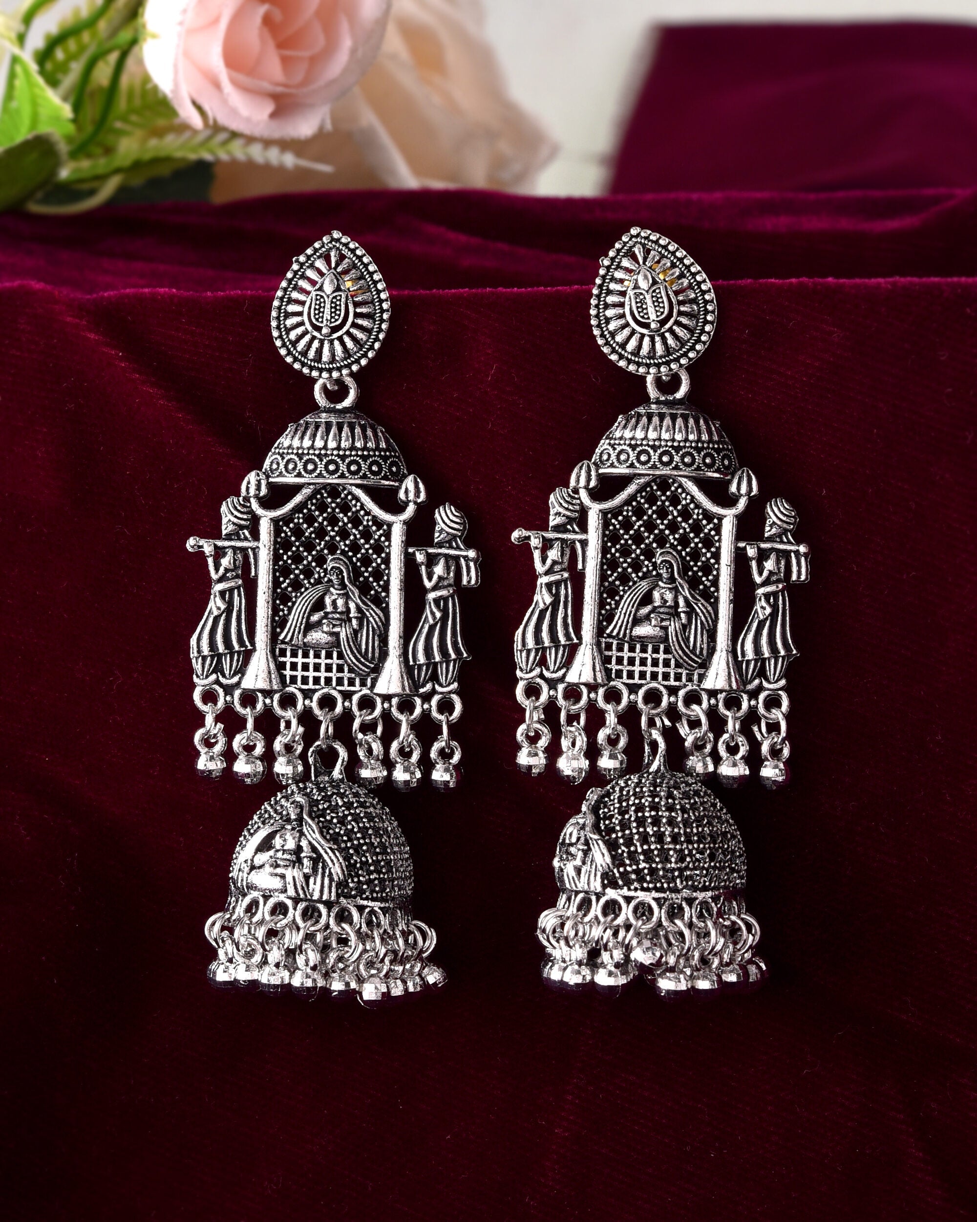 VOJ Silver Plated Oxidized Temple Long Earrings - Distacart