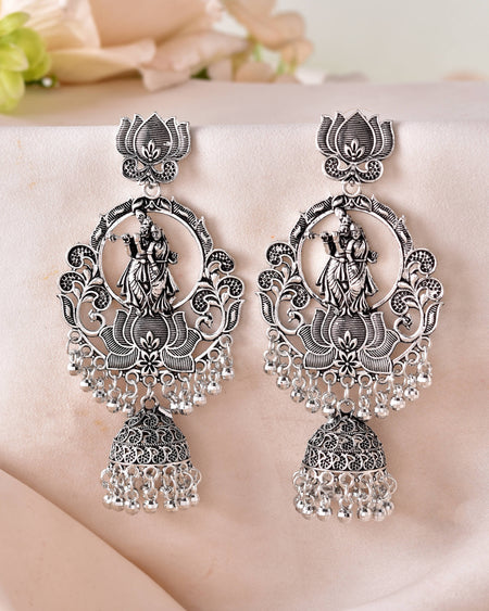 VOJ Silver Plated Radha Krishna Shaped Oxidized Earrings
