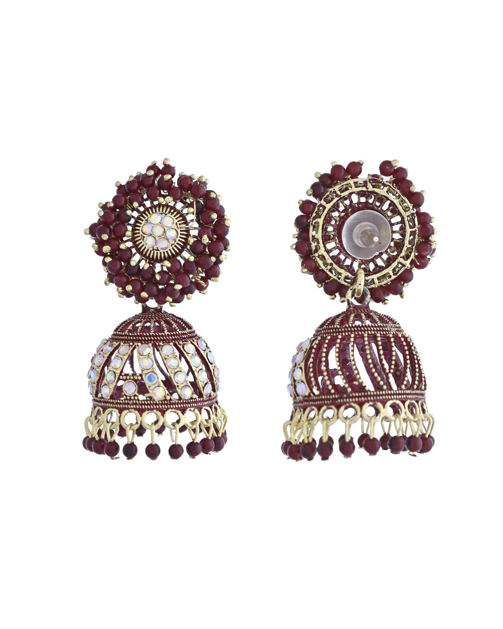 VOJ Marron Beads And Stone Studded Jhumka Earrings - Distacart