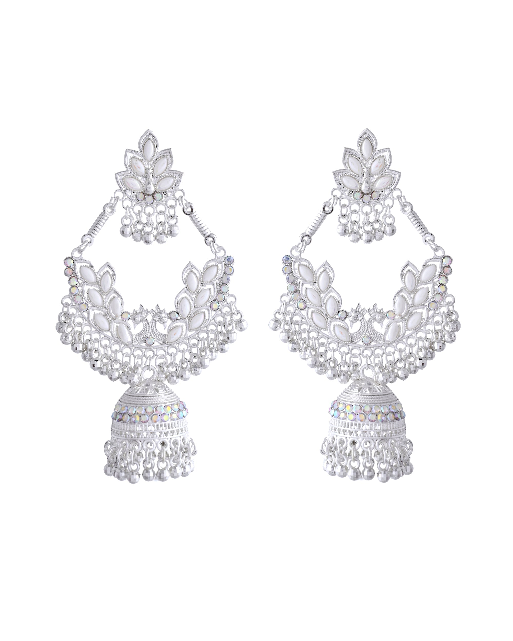 VOJ Stunning White Oxidized Chandbali with Stone And Peral Detailing Earrings - Distacart