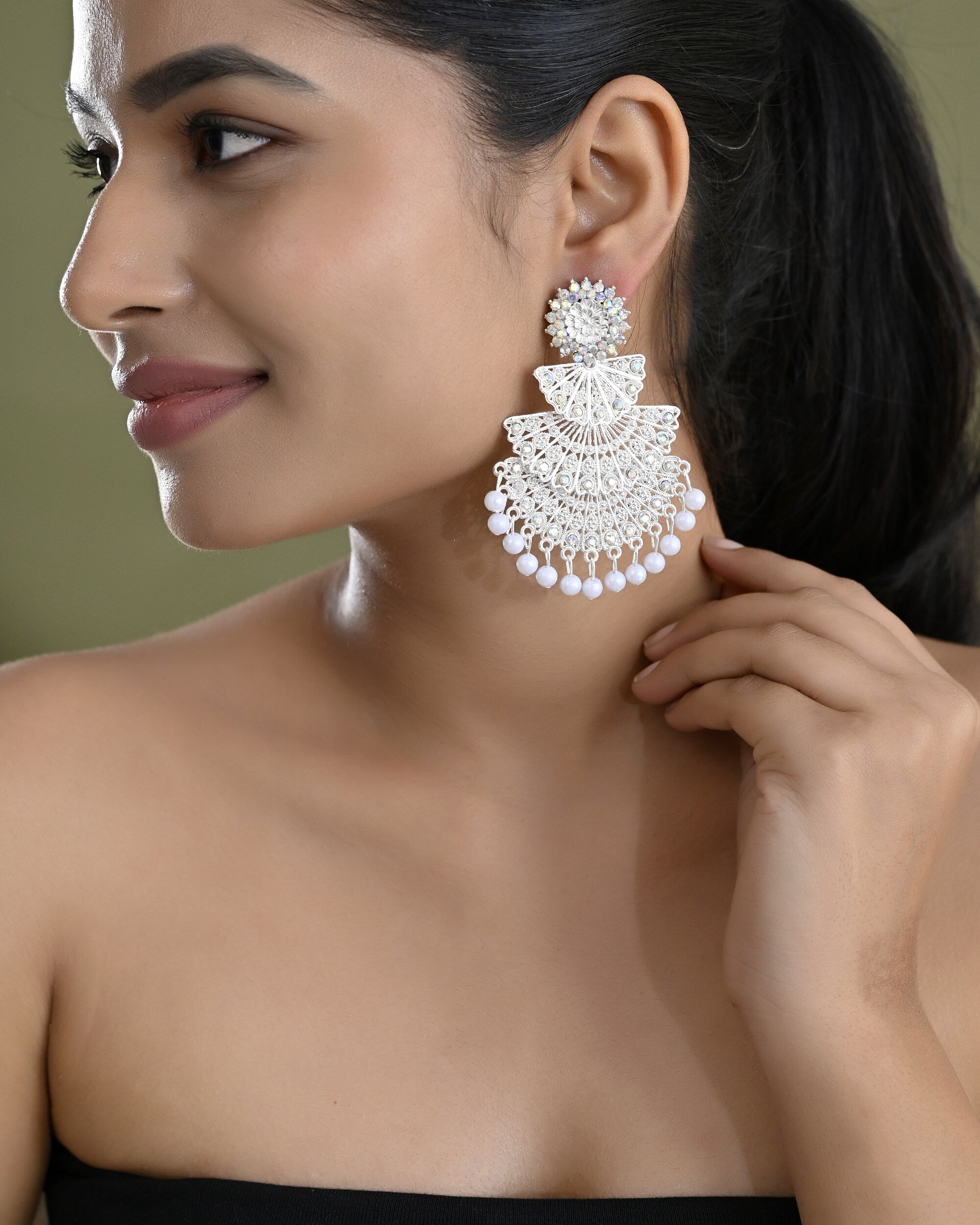 VOJ White Oxidized Multi Layered Stone Studded Earrings - Distacart