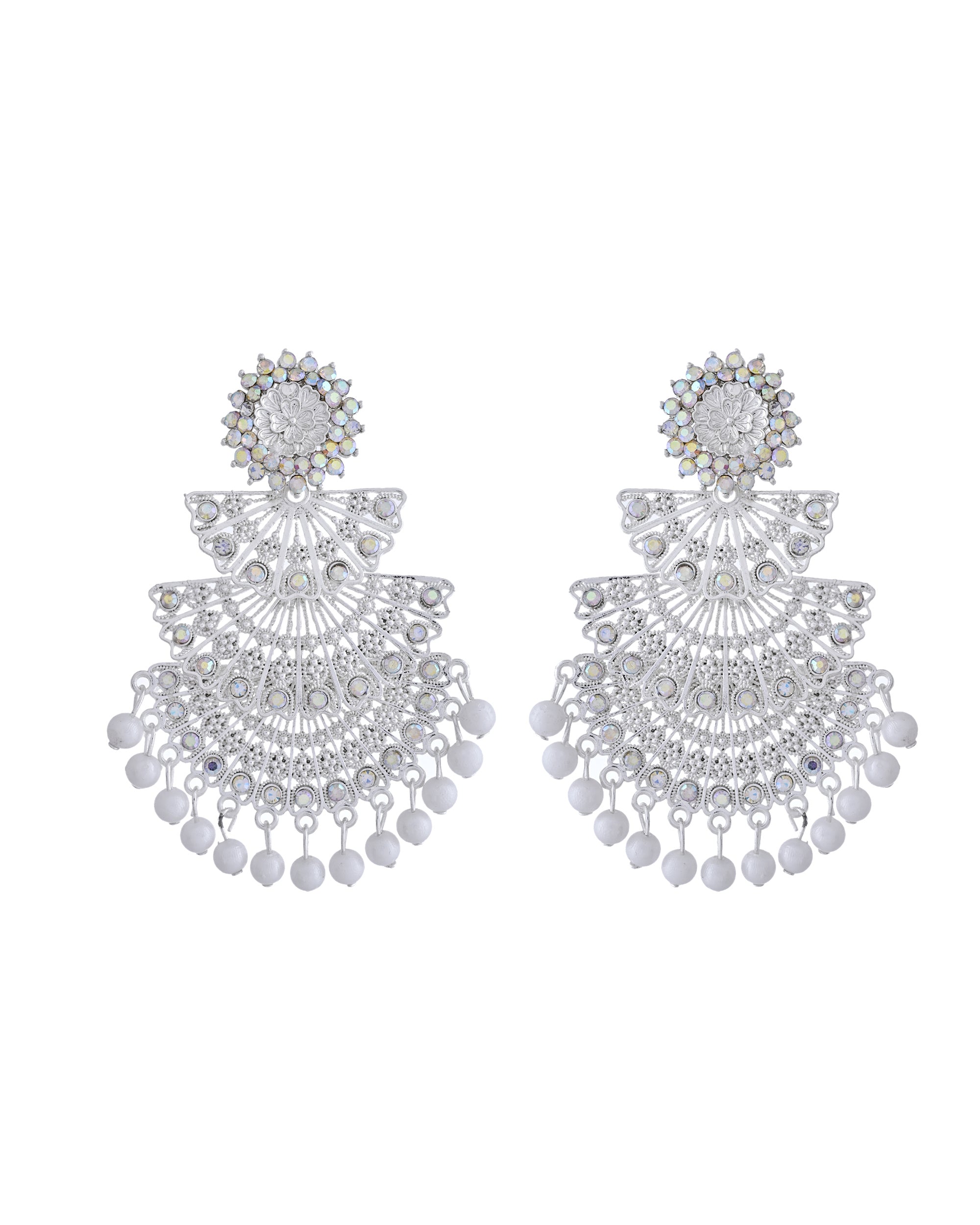 VOJ White Oxidized Multi Layered Stone Studded Earrings - Distacart