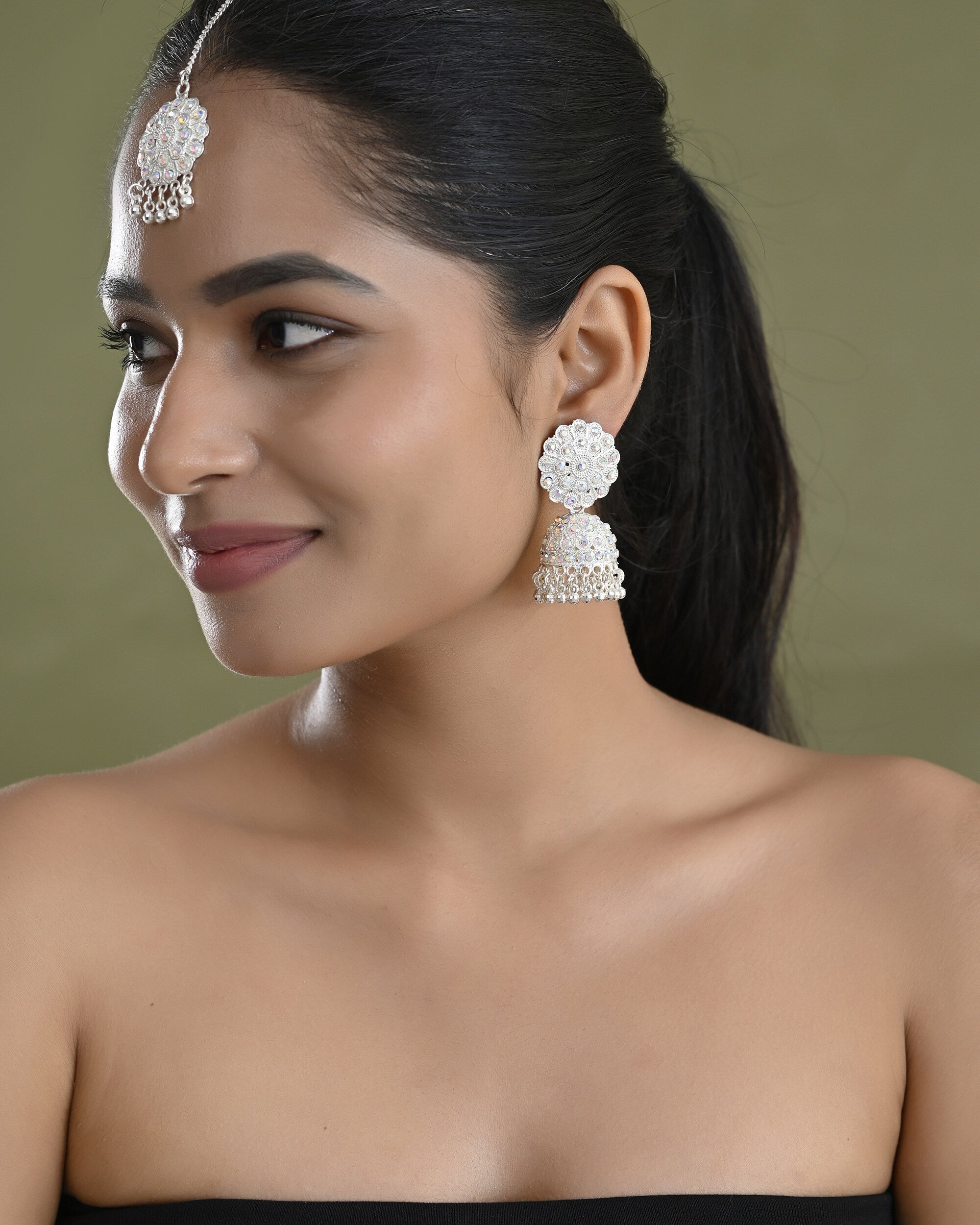 VOJ White Stone Studded Jhumkar Earrings With Maang Tikka - Distacart