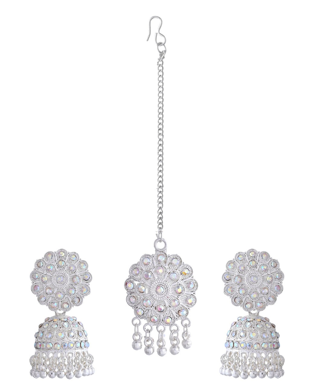 VOJ White Stone Studded Jhumkar Earrings With Maang Tikka - Distacart