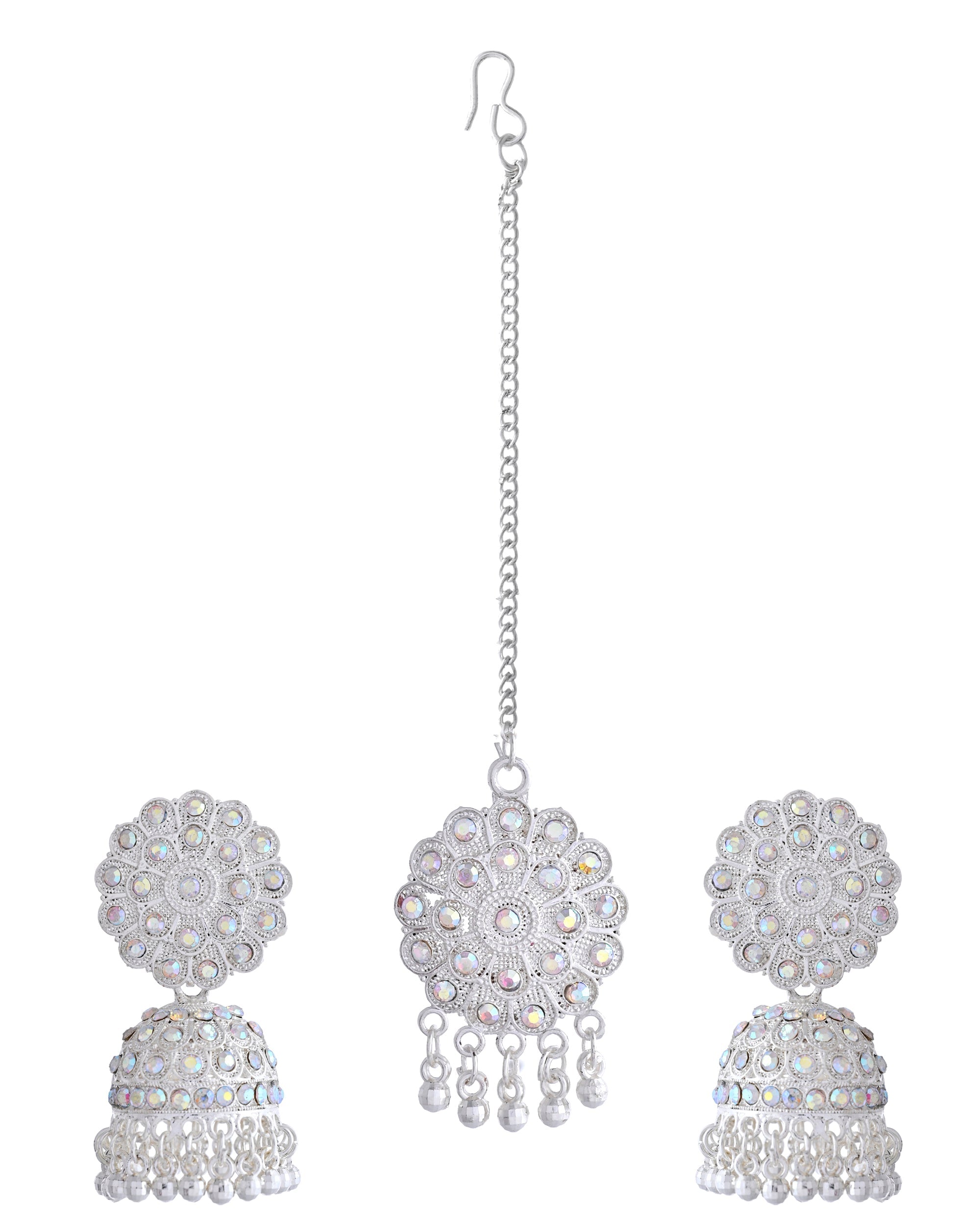 VOJ White Stone Studded Jhumkar Earrings With Maang Tikka - Distacart