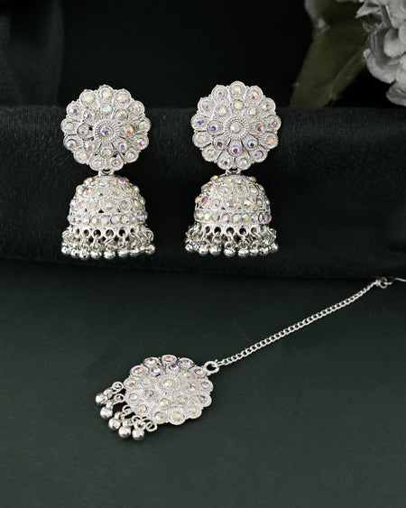 VOJ White Stone Studded Jhumkar Earrings With Maang Tikka