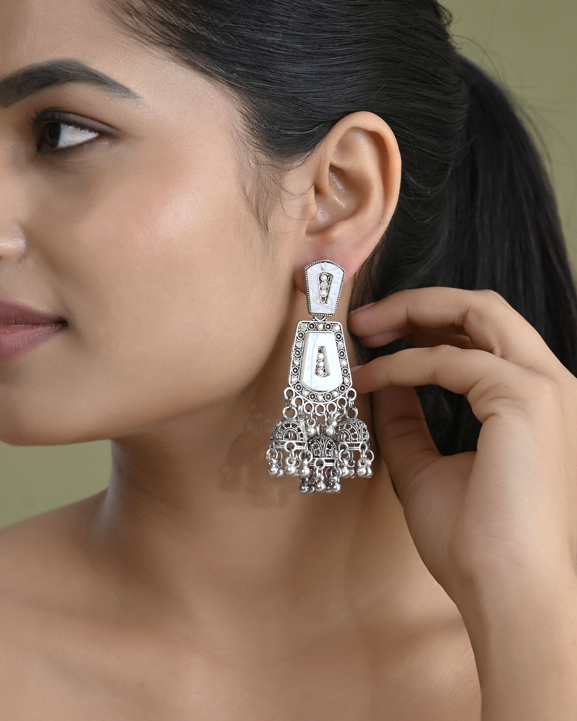 VOJ Silver Plated Moon Stone Studded Elegent Earrings - Distacart