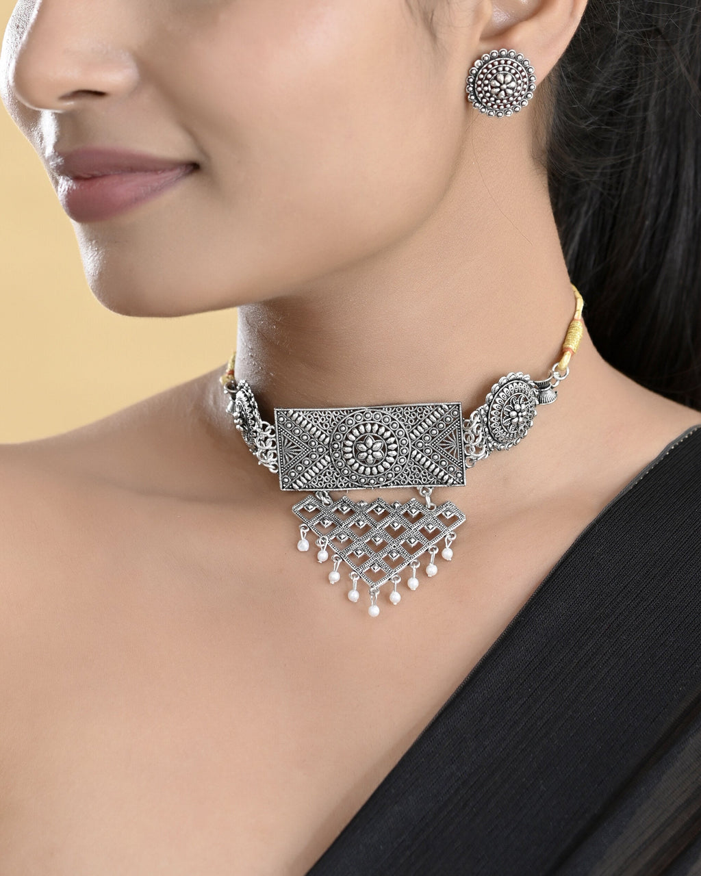 VOJ Silver Plated Oxidized Choker With Earrings Set