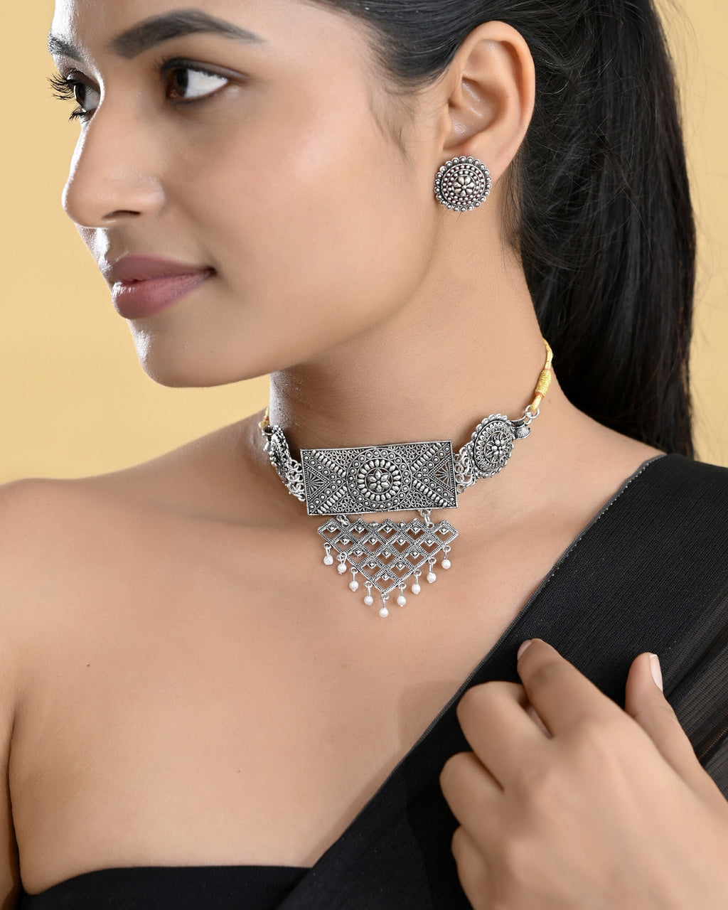 VOJ Silver Plated Oxidized Choker With Earrings Set