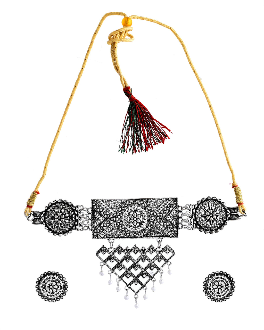 VOJ Silver Plated Oxidized Choker With Earrings Set