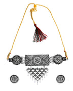 VOJ Silver Plated Oxidized Choker With Earrings Set