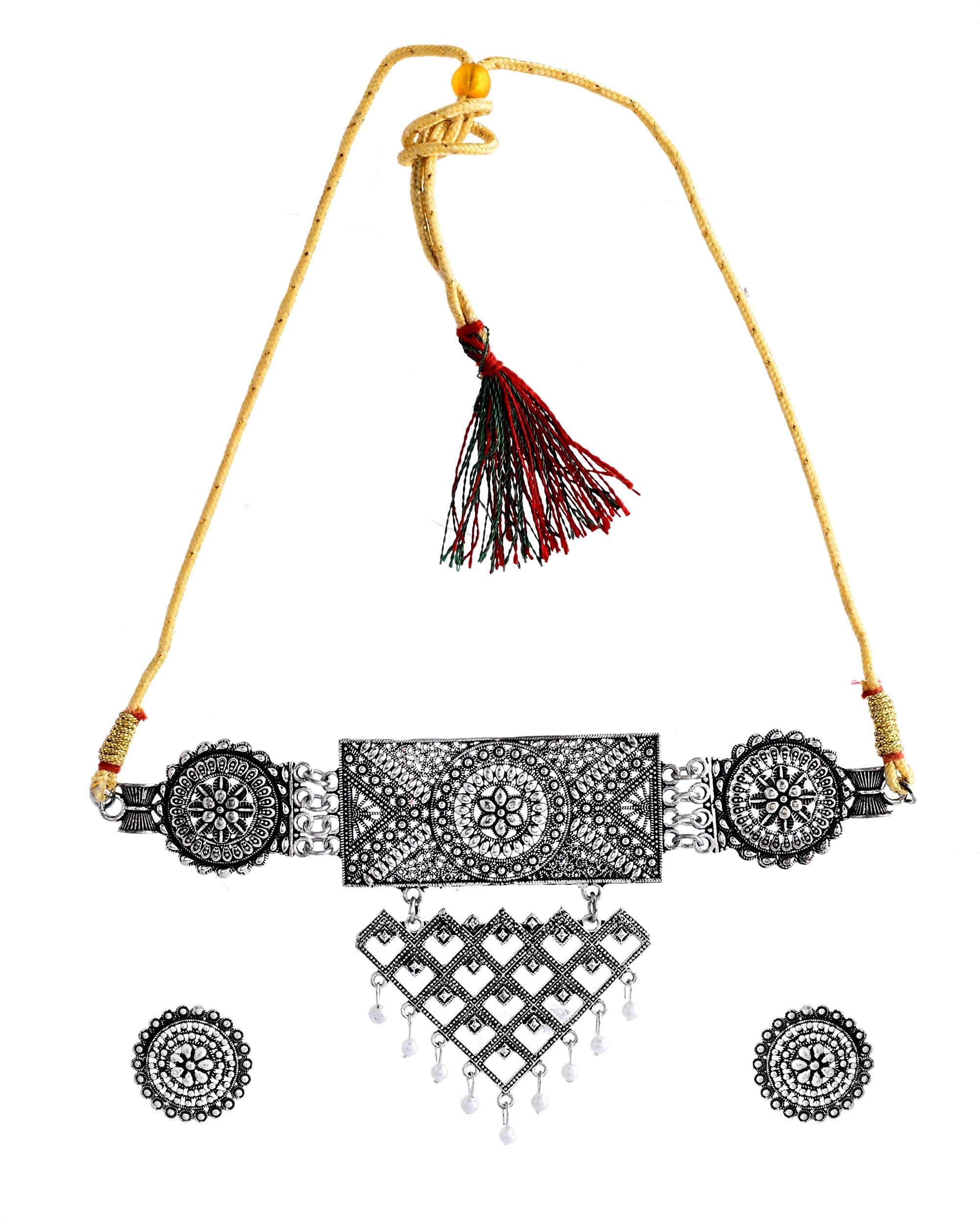 VOJ Silver Plated Oxidized Choker With Earrings Set
