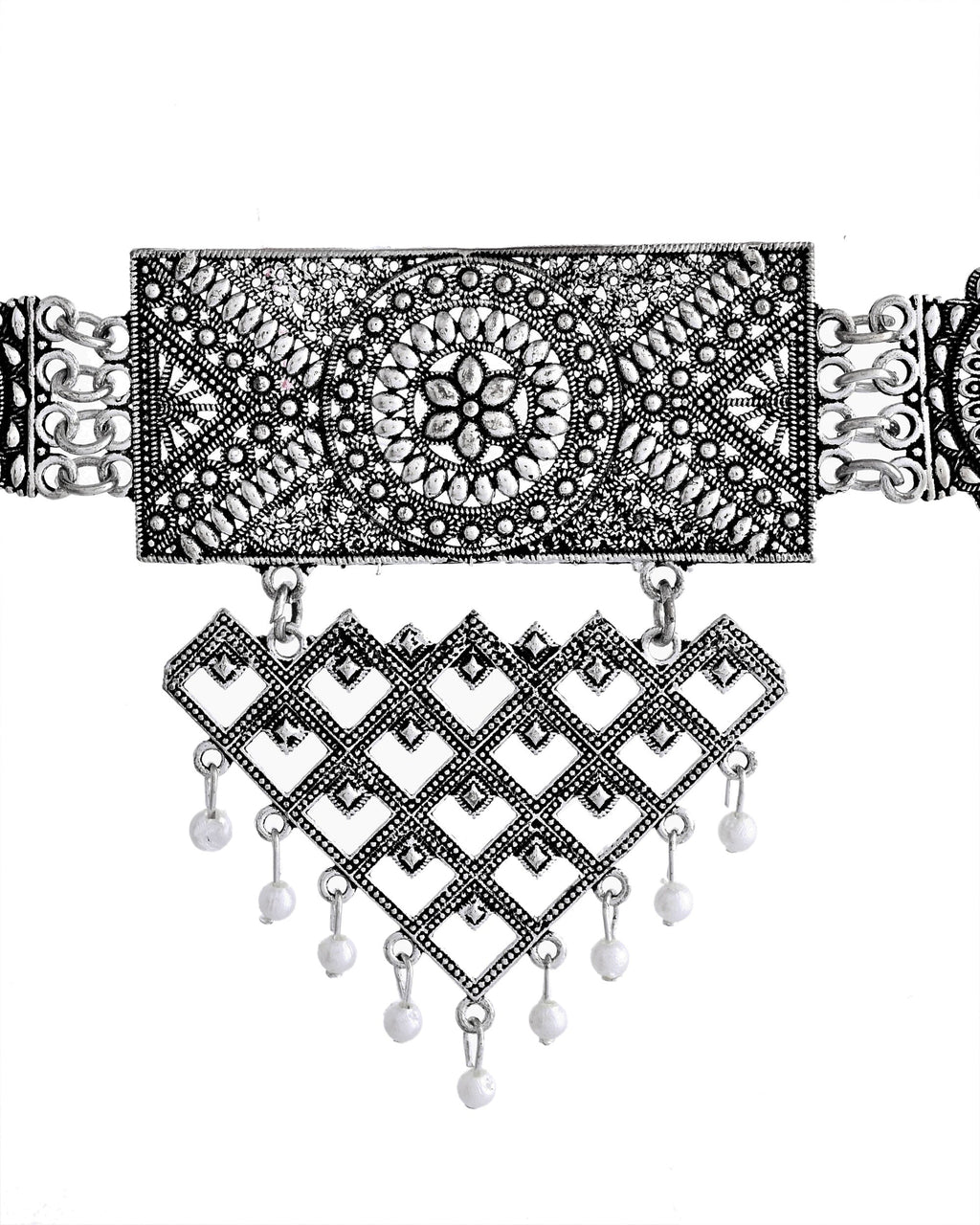 VOJ Silver Plated Oxidized Choker With Earrings Set