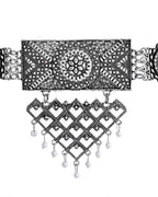 VOJ Silver Plated Oxidized Choker With Earrings Set