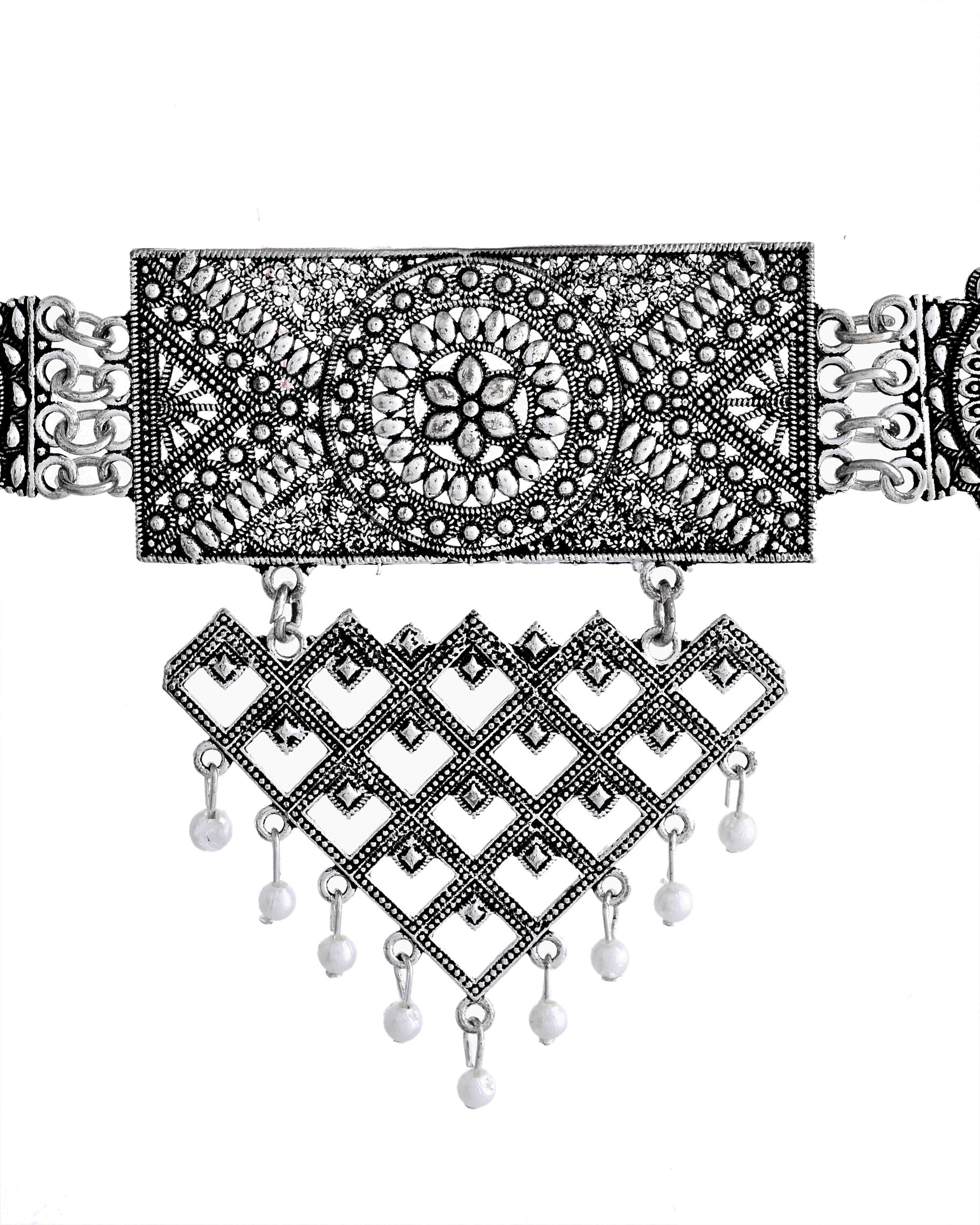 VOJ Silver Plated Oxidized Choker With Earrings Set