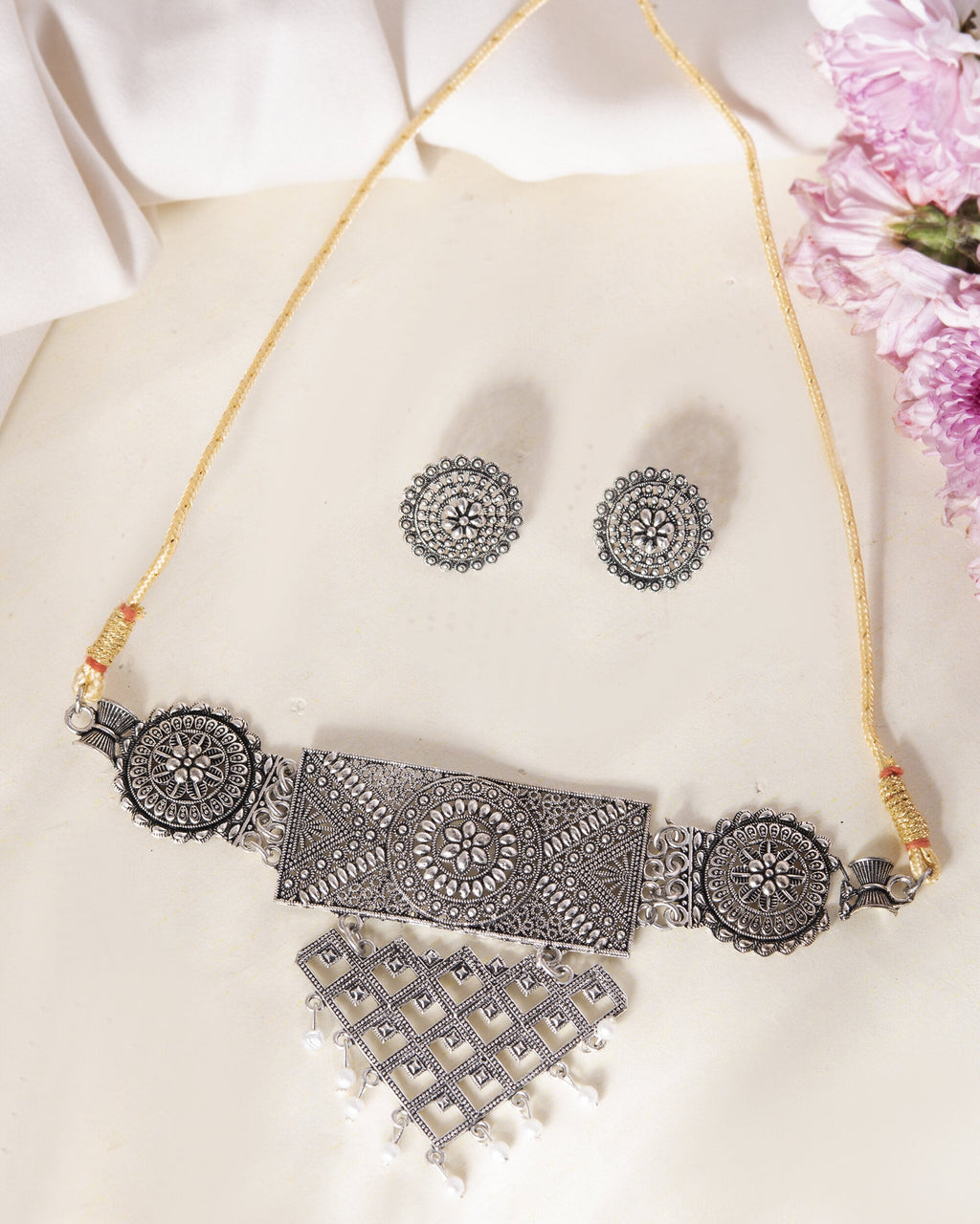VOJ Silver Plated Oxidized Choker With Earrings Set