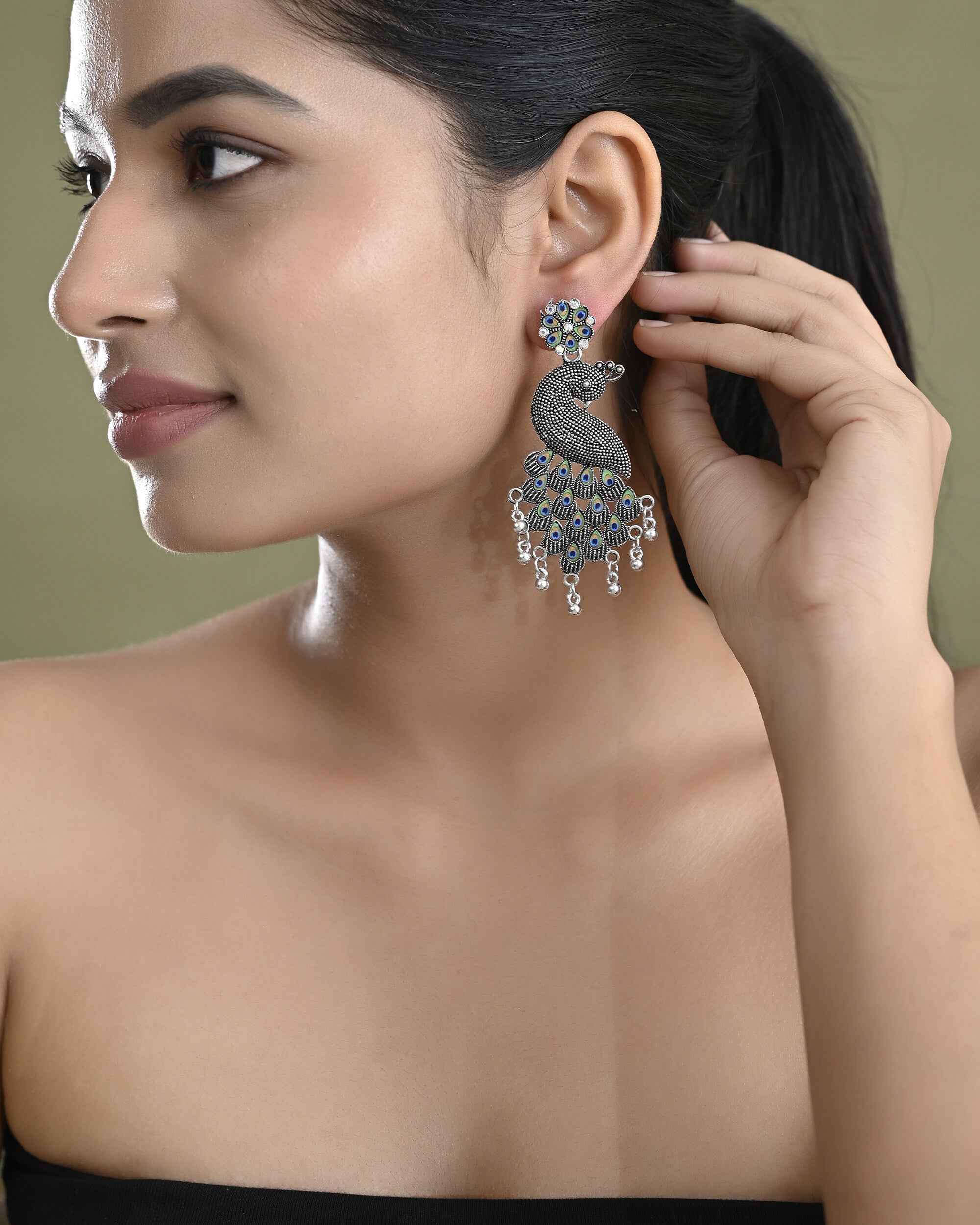 VOJ Silver Plated Oxidized Peacock Shaped Long Earrings - Distacart