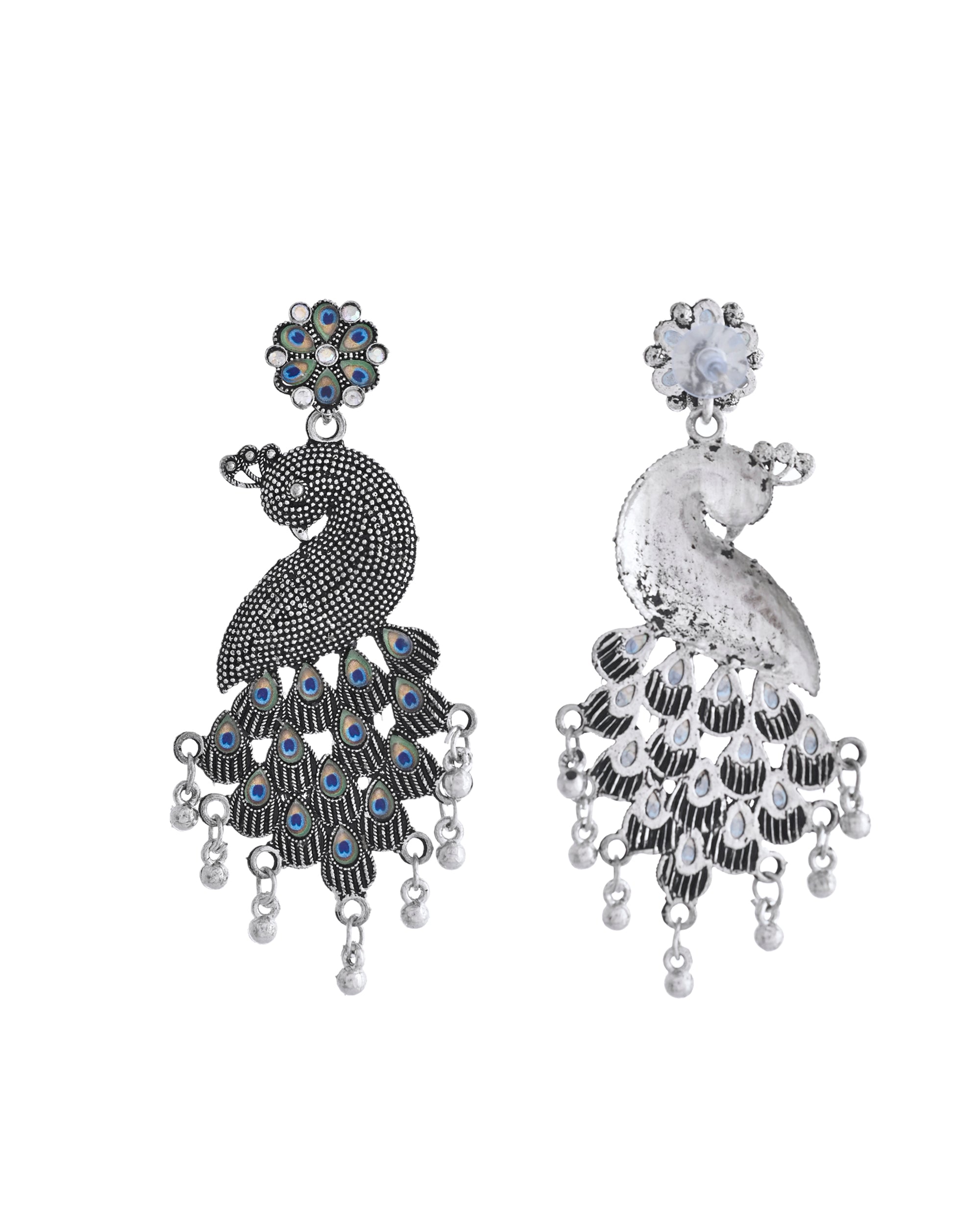 VOJ Silver Plated Oxidized Peacock Shaped Long Earrings - Distacart
